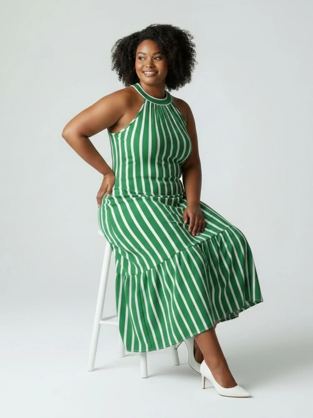 Rachel Zoe Green and White Striped Halter Maxi Dress NWOT Size Large